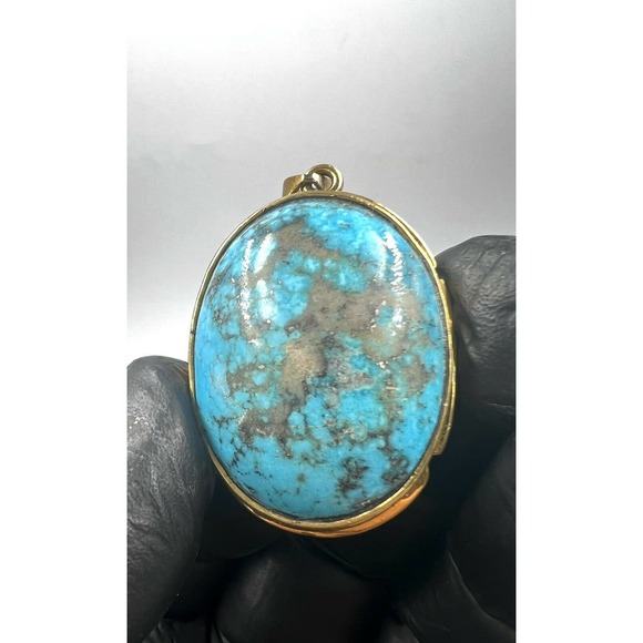 Natural Turquoise Pendant Metal Brass Handmade With Rope - Picture 8 of 11